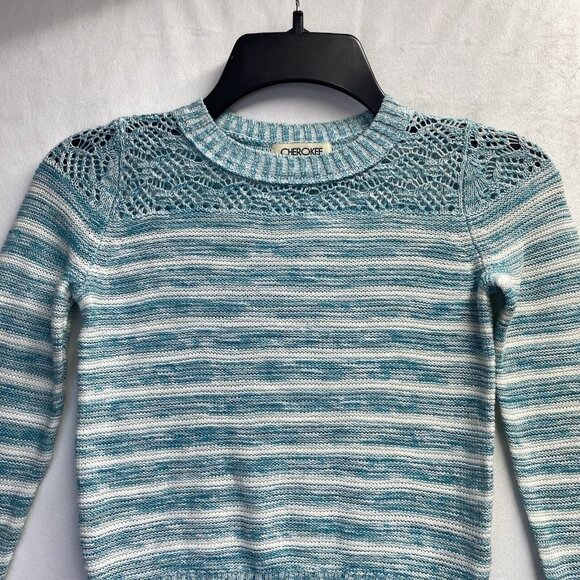 Cherokee Round Neck Long Sleeve Knit Sweater Girls S/P(6/6X) White/Green Stripes - Picture 16 of 16